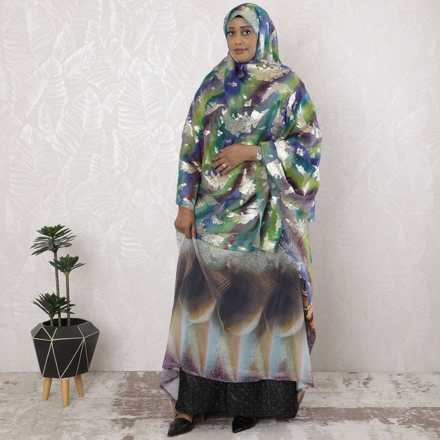 Multicolor Premium pure silk chiffon garbasaar with gold metallic lurex in Leaf design-D17165 Regal Fabrics