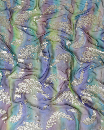 Multicolor Premium pure silk chiffon garbasaar with gold metallic lurex in Leaf design-D17165 Regal Fabrics