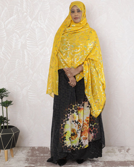 Mustard yellow Premium pure silk chiffon garbasaar with green, brown viscose having gold metallic lurex in abstract design-D17167 Regal Fabrics