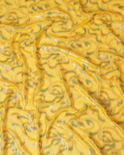 Mustard yellow Premium pure silk chiffon garbasaar with green, brown viscose having gold metallic lurex in abstract design-D17167 Regal Fabrics