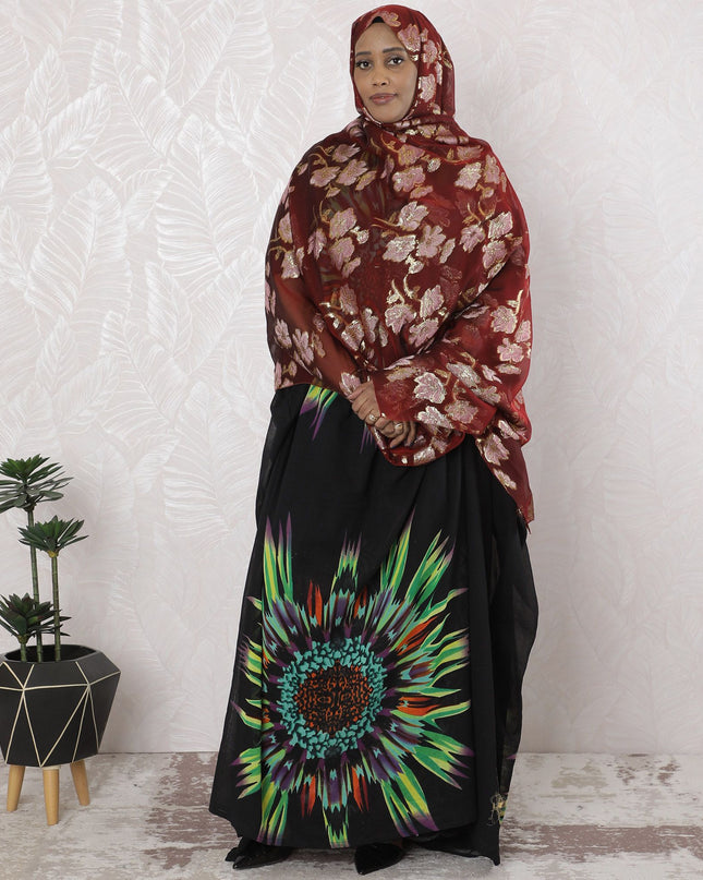 Maroon Premium pure silk chiffon garbasaar with brick red viscose and gold metallic lurex in floral design-D17168