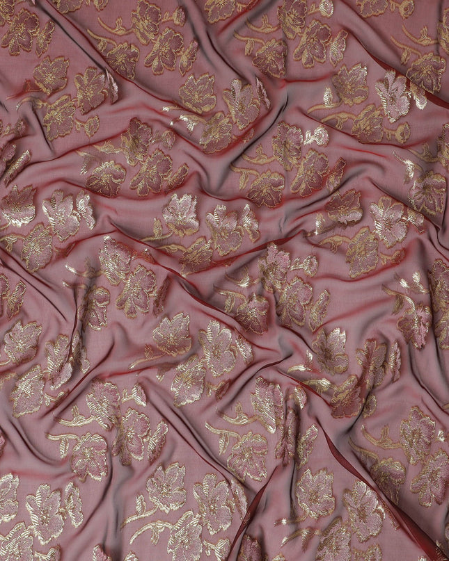 Maroon Premium pure silk chiffon garbasaar with brick red viscose and gold metallic lurex in floral design-D17168