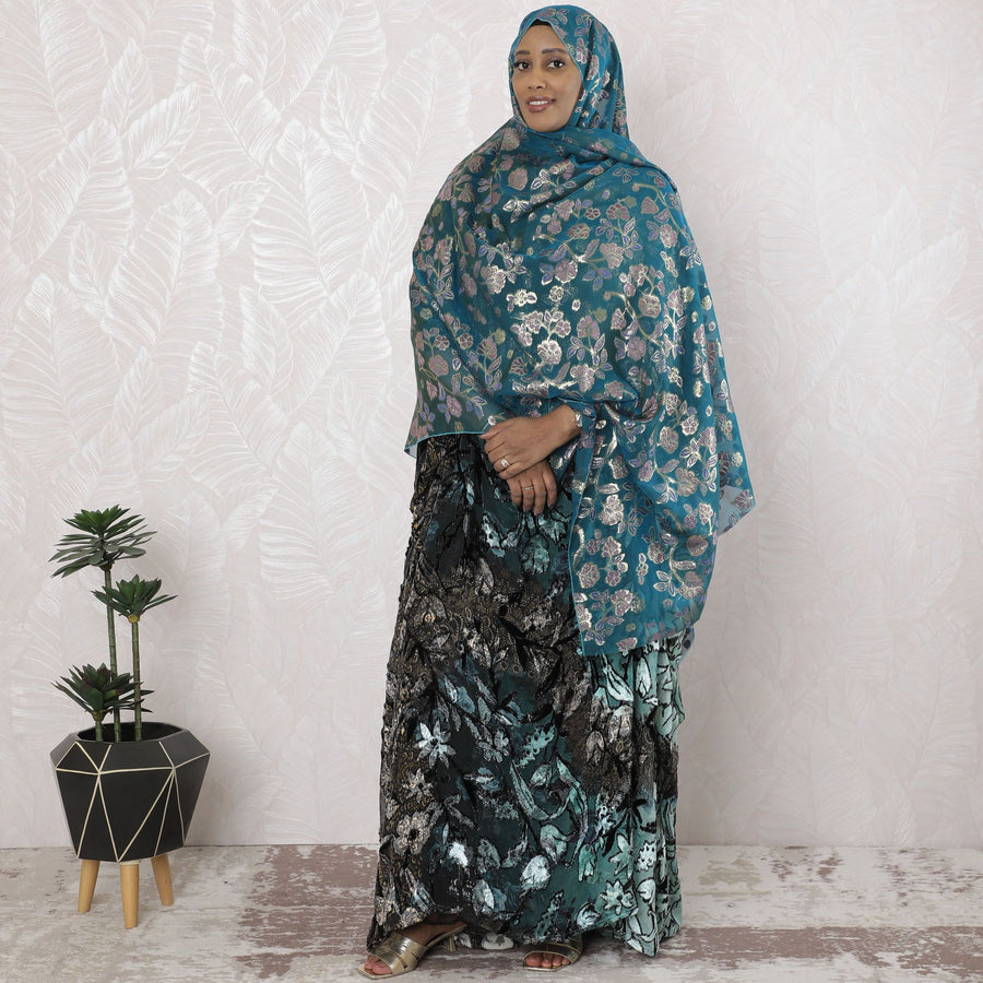 Teal blue Premium pure silk chiffon garbasaar with purple, blue viscose having gold metallic lurex in floral design-D17169 Regal Fabrics