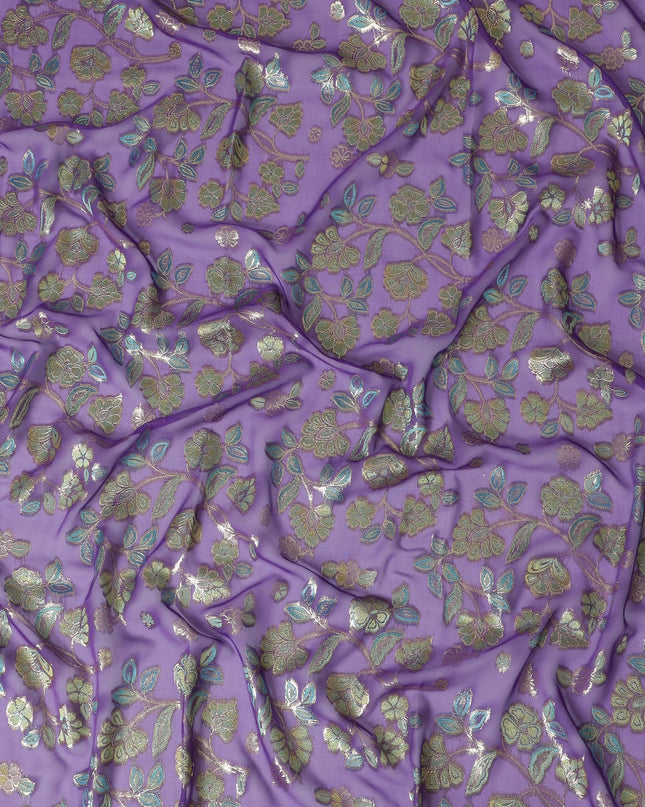 Purple Premium pure silk chiffon garbasaar with sage green, electric blue viscose ahving gold metallic lurex in floral design-D17170
