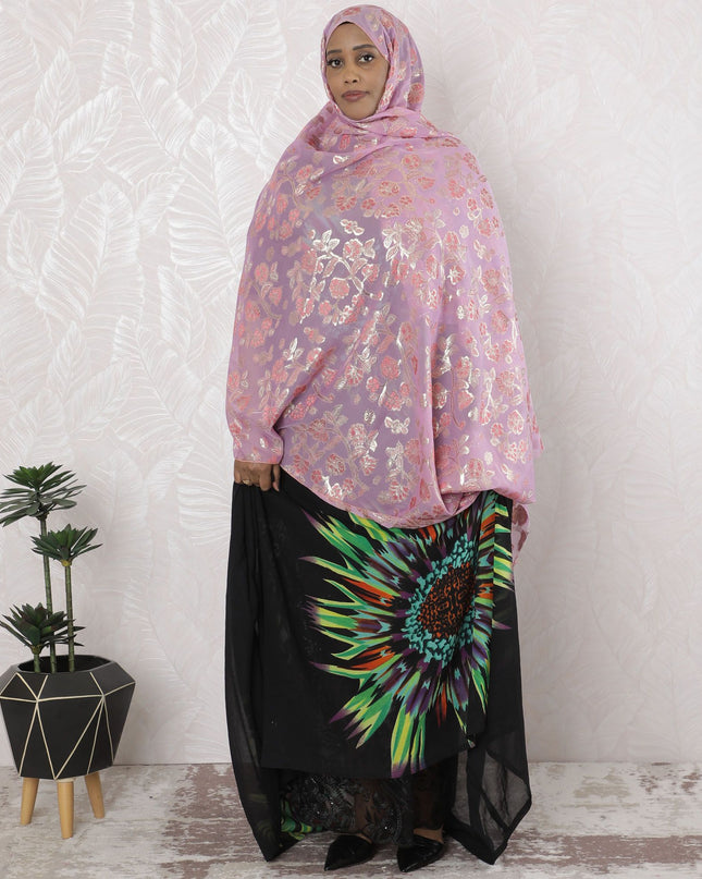 قماش غارباسار من الشيفون الحريري الخالص باللون الوردي الخزامي مع اللون الوردي القرميدي والفسكوز الأخضر الداكن مع اللوريكس المعدني الذهبي بتصميم الأزهار -D17171