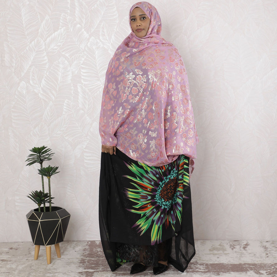 Lavender pink Premium pure silk chiffon garbasaar with brick pink, sage green viscose having gold metallic lurex in floral design-D17171