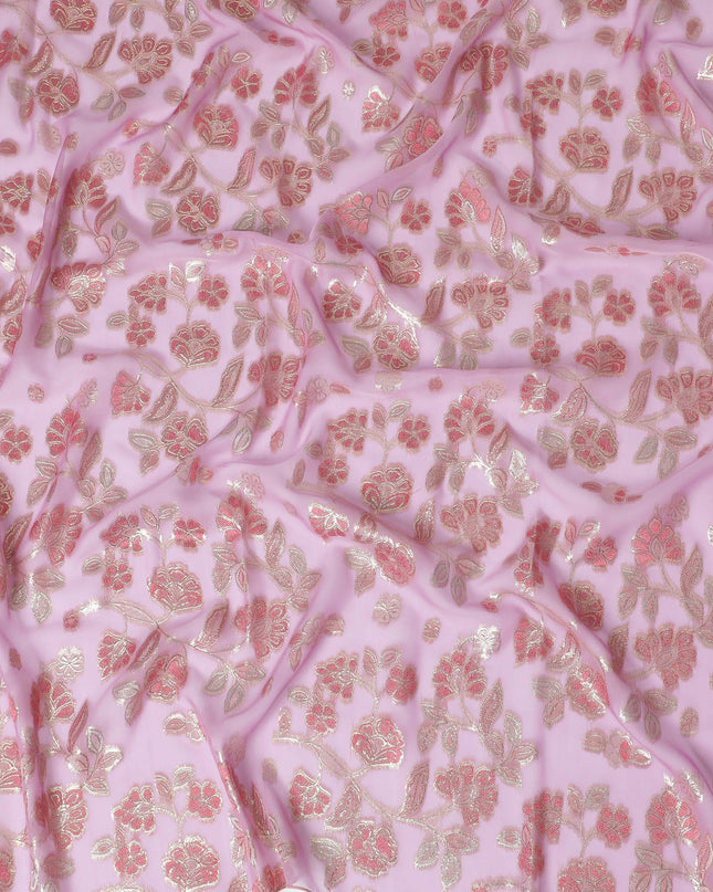 قماش غارباسار من الشيفون الحريري الخالص باللون الوردي الخزامي مع اللون الوردي القرميدي والفسكوز الأخضر الداكن مع اللوريكس المعدني الذهبي بتصميم الأزهار -D17171