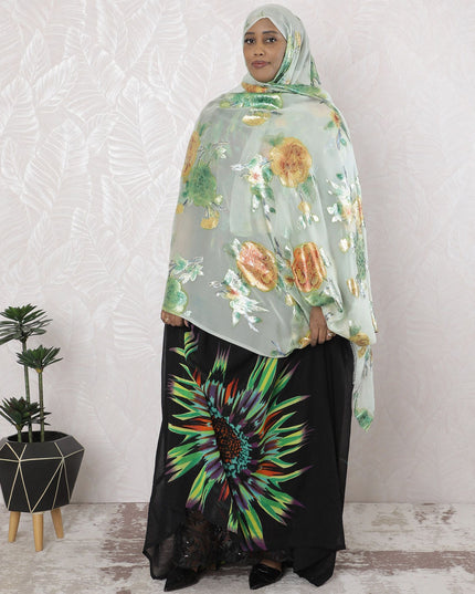 Lime green Premium pure silk chiffon garbasaar with multicolor metallic lurex in floral design-D17172