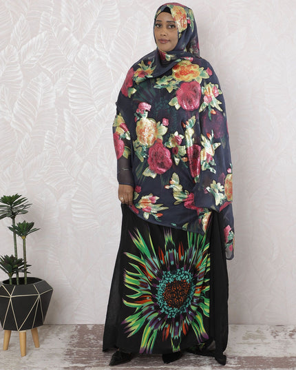 Navy blue Premium pure silk chiffon garbasaar with multicolor metallic lurex in floral design-D17173 Regal Fabrics