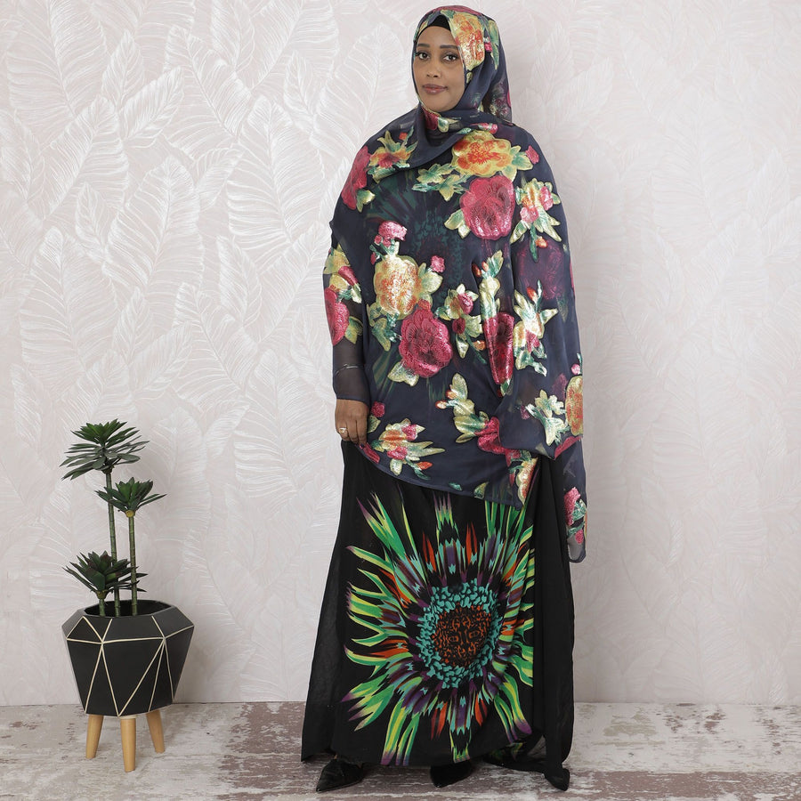 Navy blue Premium pure silk chiffon garbasaar with multicolor metallic lurex in floral design-D17173 Regal Fabrics