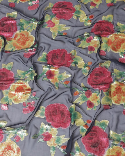 Navy blue Premium pure silk chiffon garbasaar with multicolor metallic lurex in floral design-D17173 Regal Fabrics