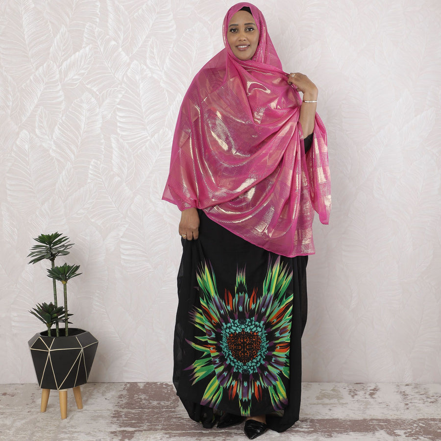 Magenta pink Premium pure silk chiffon garbasaar with gold metallic lurex in stripe design-D17177