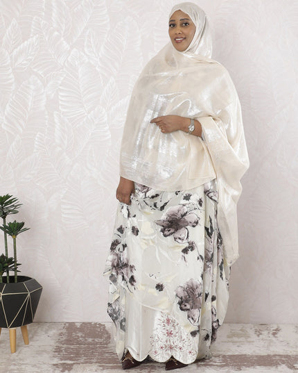 Beige Premium pure silk chiffon garbasaar with silver metallic lurex in stripe design-D17178