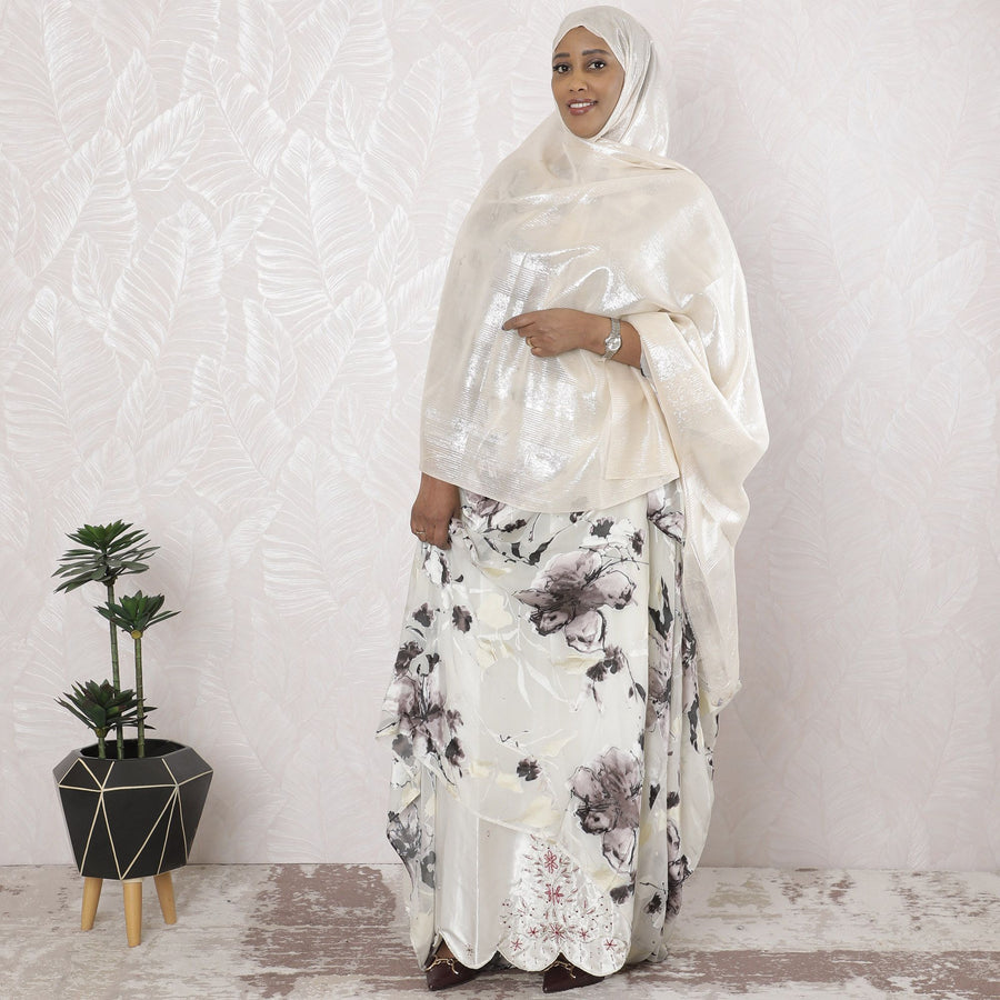 Beige Premium pure silk chiffon garbasaar with silver metallic lurex in stripe design-D17178