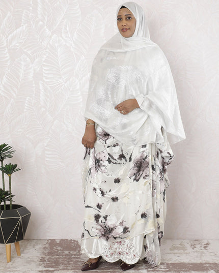 Off white Premium pure silk chiffon garbasaar with silver metallic lurex in stripe design-D17179 Regal Fabrics