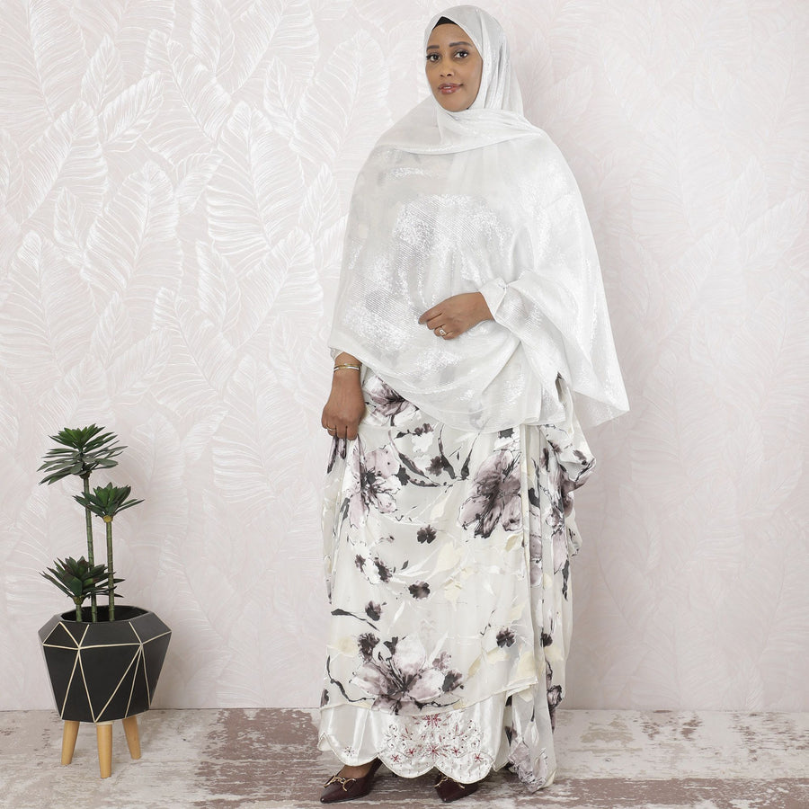 Off white Premium pure silk chiffon garbasaar with silver metallic lurex in stripe design-D17179 Regal Fabrics