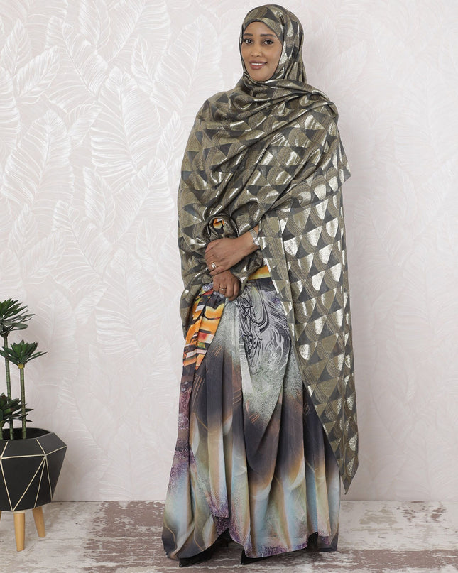 رمادي فحمي فاخر من الحرير الفرنسي الخالص من الشيفون مع لوركس معدني ذهبي بتصميم هندسي-D17180