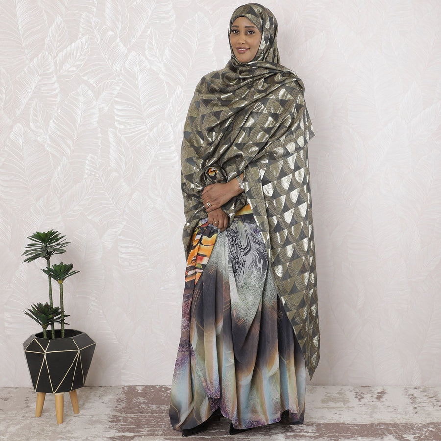 Charcoal grey Premium pure French silk chiffon garbasaar with gold metallic lurex in geometric design-D17180