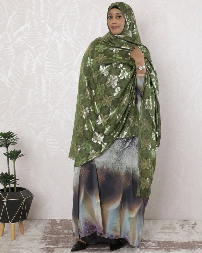 Dark olive green Premium pure French (Fransawi) silk chiffon garbasaar with lime green and gold metallic lurex in floral design-D17183 Regal Fabrics