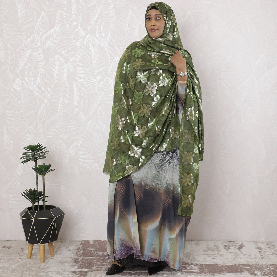 Dark olive green Premium pure French (Fransawi) silk chiffon garbasaar with lime green and gold metallic lurex in floral design-D17183