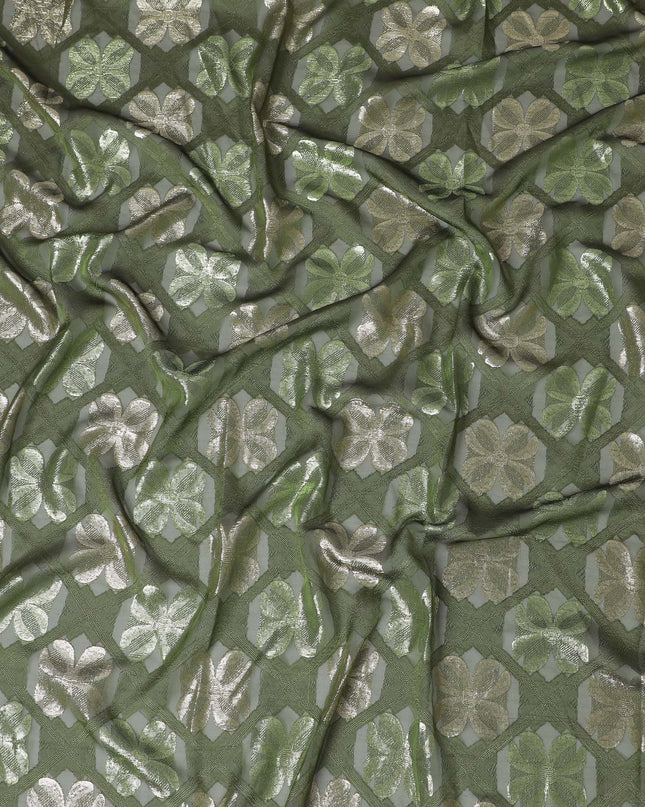 Dark olive green Premium pure French (Fransawi) silk chiffon garbasaar with lime green and gold metallic lurex in floral design-D17183 Regal Fabrics