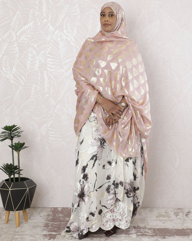 Light Pink Premium pure French (Fransawi) silk chiffon garbasaar with peach, blue viscose and gold metallic lurex in geometric design-D17184