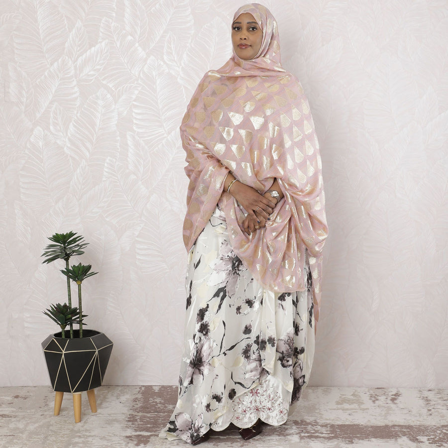 Light Pink Premium pure French (Fransawi) silk chiffon garbasaar with peach, blue viscose and gold metallic lurex in geometric design-D17184