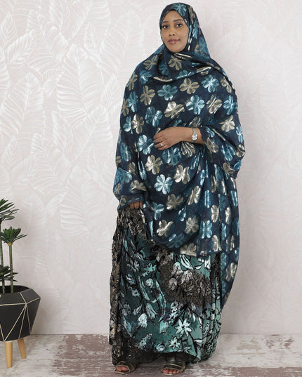 Navy blue Premium pure French (Fransawi) silk chiffon garbasaar with same tone viscose, eletric blue and gold metallic lurex in floral design-D17185 Regal Fabrics