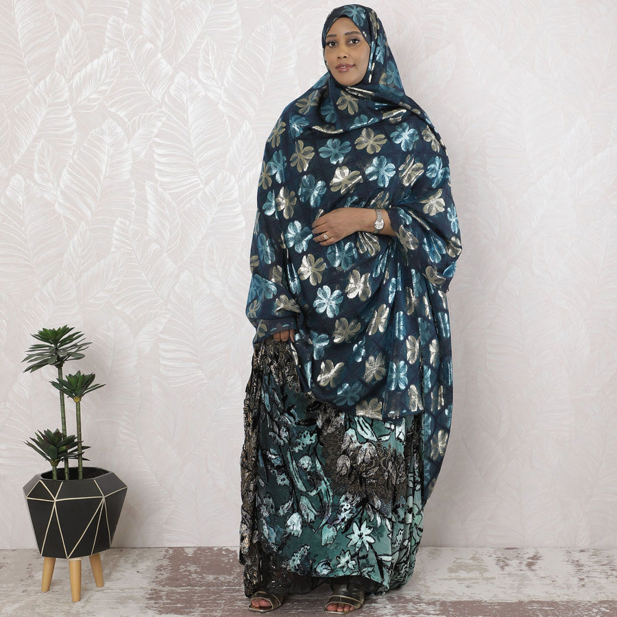Navy blue Premium pure French (Fransawi) silk chiffon garbasaar with same tone viscose, eletric blue and gold metallic lurex in floral design-D17185 Regal Fabrics