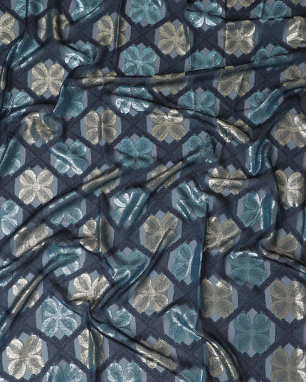 Navy blue Premium pure French (Fransawi) silk chiffon garbasaar with same tone viscose, eletric blue and gold metallic lurex in floral design-D17185 Regal Fabrics