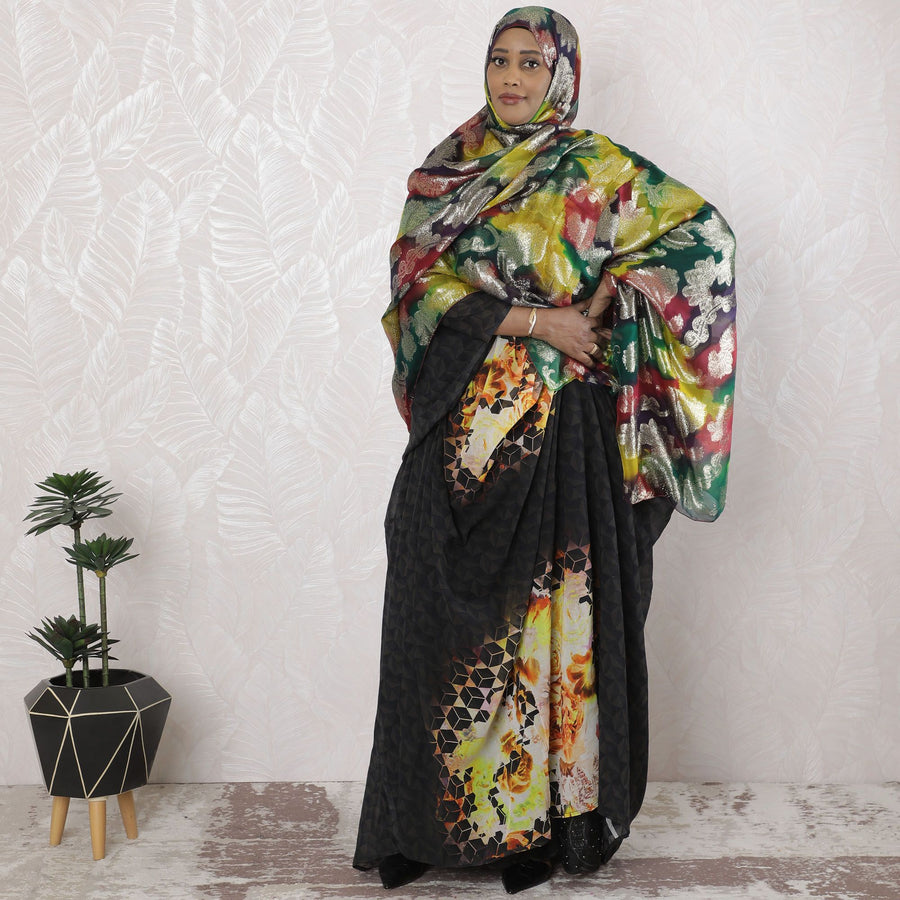 Multicolor Premium pure French (Fransawi) silk chiffon garbasaar with gold metallic lurex in floral design-D17186