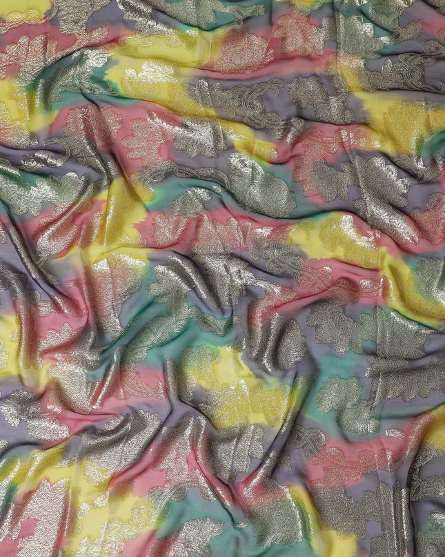 Multicolor Premium pure French (Fransawi) silk chiffon garbasaar with gold metallic lurex in floral design-D17186 Regal Fabrics