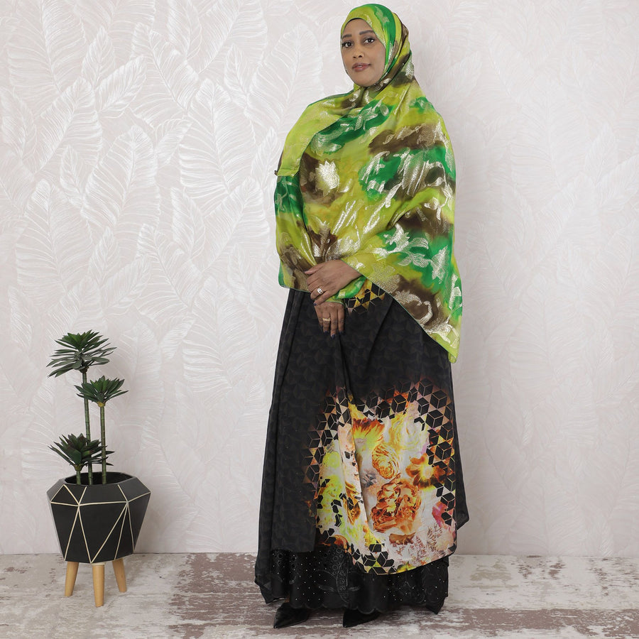 Multicolor Premium pure French (Fransawi) silk chiffon garbasaar with gold metallic lurex in floral design-D17187