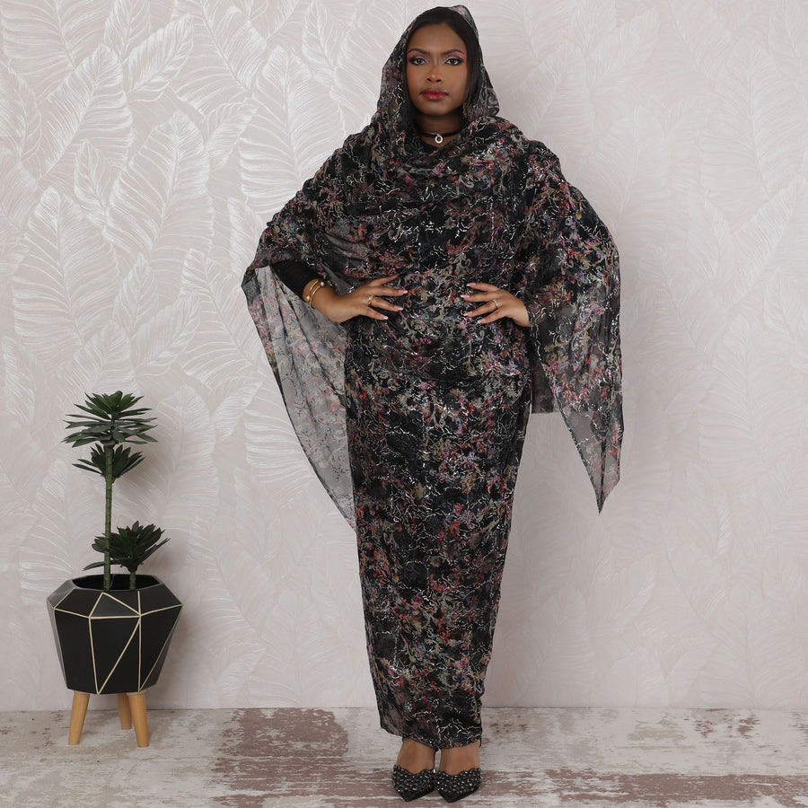 Elegant Traditional Sudanese Thobe - Silk Chiffon, 110cm Width, Floral Pattern, 4.5 mtrs Piece-D18431