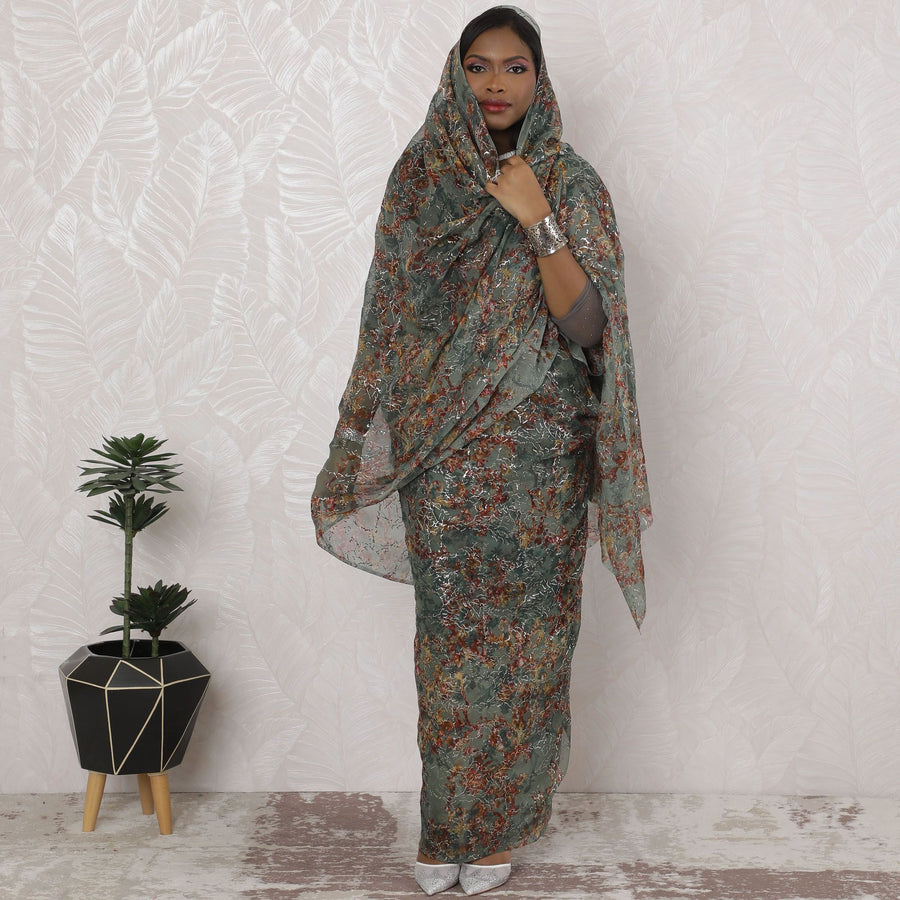 ثوب سوداني تقليدي فاخر - شيفون حرير، عرض 110 سم، زهور ترابية، قطعة 4.5 متر-D18433