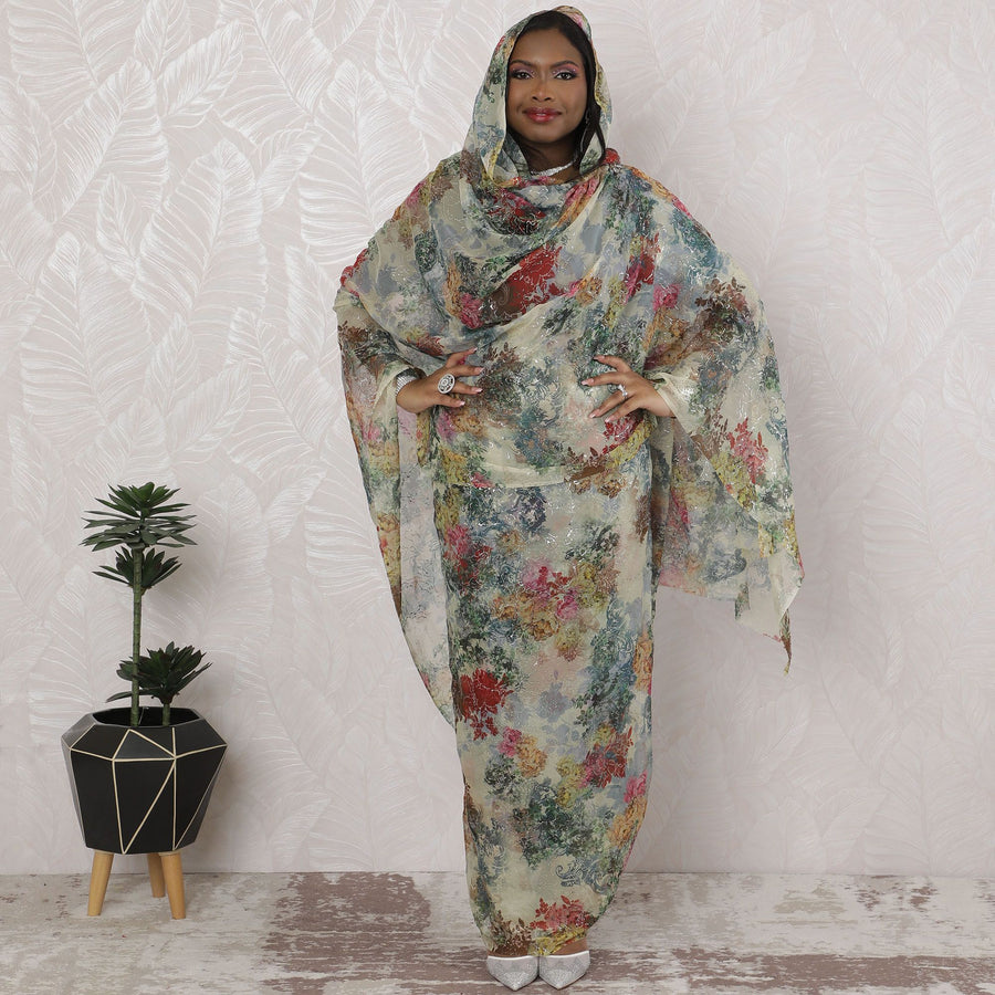 Vintage-Inspired Traditional Sudanese Thobe - Silk Chiffon, 110cm, Pastel Floral, 4.5 mtrs piece-D18434