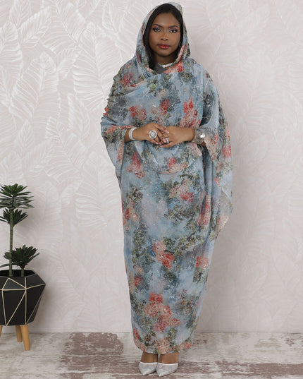 Ethereal Traditional Sudanese Thobe - Silk Chiffon, 110cm, Winter Floral, 4.5 Mtrs-D18435