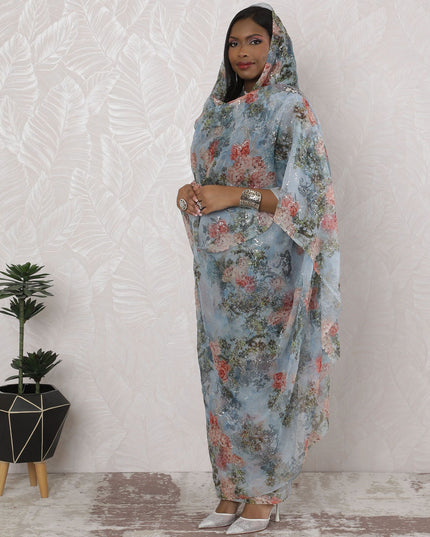 Ethereal Traditional Sudanese Thobe - Silk Chiffon, 110cm, Winter Floral, 4.5 Mtrs-D18435