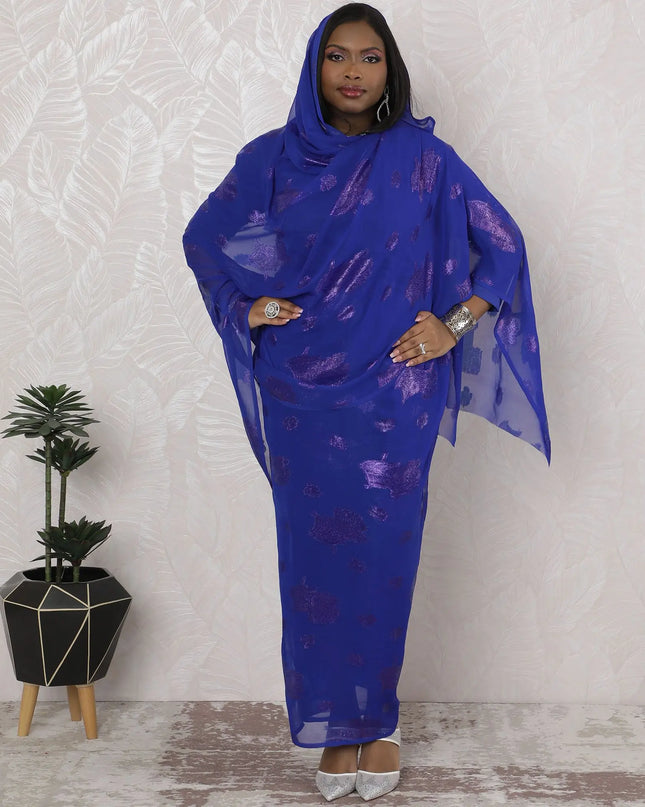 Royal Blue Traditional Sudanese Thobe - Synthetic Chiffon with Metallic Lurex, 110cm Width, 4.5 mtrs Piece-D18439 Regal Fabrics