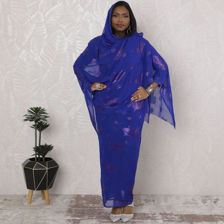 Royal Blue Traditional Sudanese Thobe - Synthetic Chiffon with Metallic Lurex, 110cm Width, 4.5 mtrs Piece-D18439 Regal Fabrics
