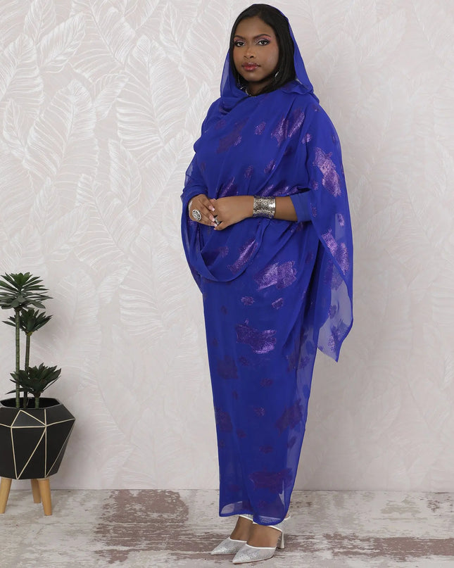 Royal Blue Traditional Sudanese Thobe - Synthetic Chiffon with Metallic Lurex, 110cm Width, 4.5 mtrs Piece-D18439 Regal Fabrics