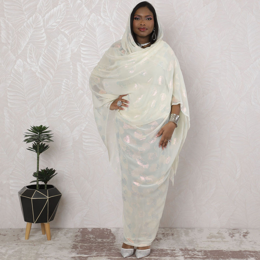 ثوب سوداني تقليدي باللون العاجي - شيفون صناعي مع لوريكس ميتاليك، عرض 110 سم، قطعة 4.5 متر-D18442