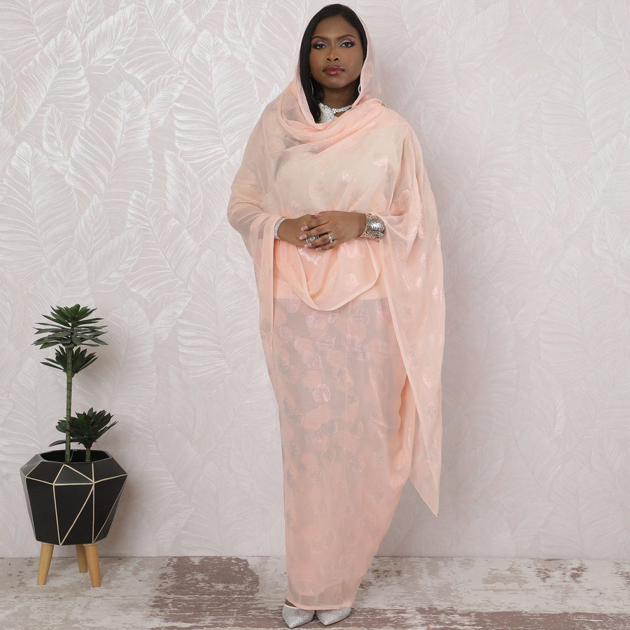 ثوب سوداني تقليدي متوهج باللون الخوخي - شيفون صناعي مع لوريكس ميتاليك، عرض 110 سم، قطعة 4.5 متر-D18443
