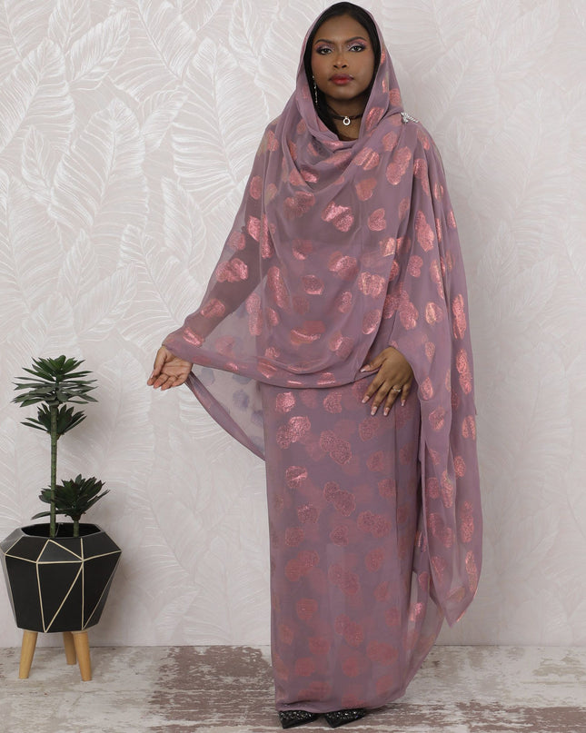 Mauve Shimmer Traditional Sudanese Thobe - Synthetic Chiffon with Metallic Lurex, 110cm Width, 4.5 Mtrs Piece-D18444
