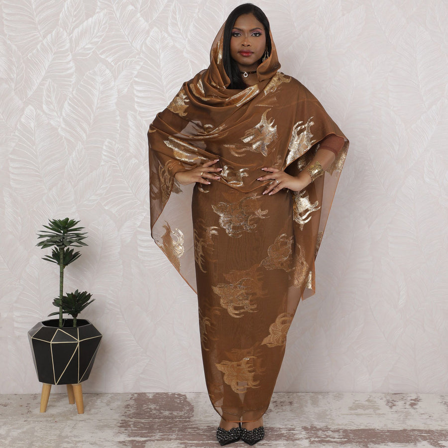 ثوب سوداني تقليدي من جولدن سيينا - شيفون صناعي مع لوريكس ميتاليك، عرض 110 سم، قطعة 4.5 متر-D18451