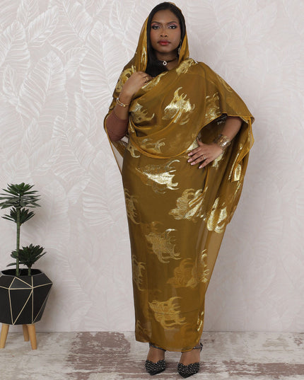 ثوب سوداني تقليدي ذهبي زيتوني - شيفون صناعي مع لوريكس ميتاليك، عرض 110 سم، قطعة 4.5 متر-D18452