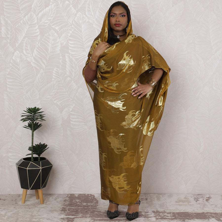 ثوب سوداني تقليدي ذهبي زيتوني - شيفون صناعي مع لوريكس ميتاليك، عرض 110 سم، قطعة 4.5 متر-D18452