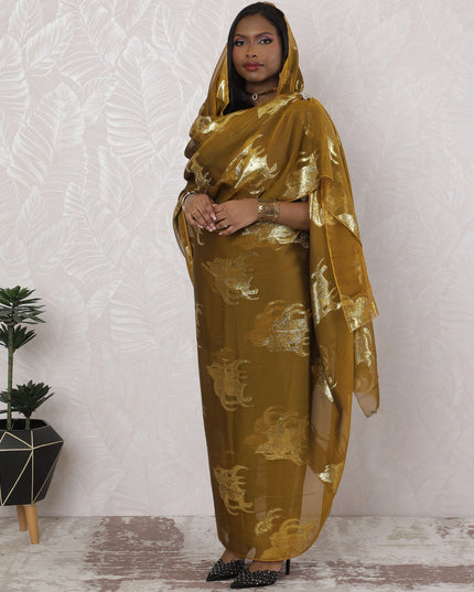 ثوب سوداني تقليدي ذهبي زيتوني - شيفون صناعي مع لوريكس ميتاليك، عرض 110 سم، قطعة 4.5 متر-D18452