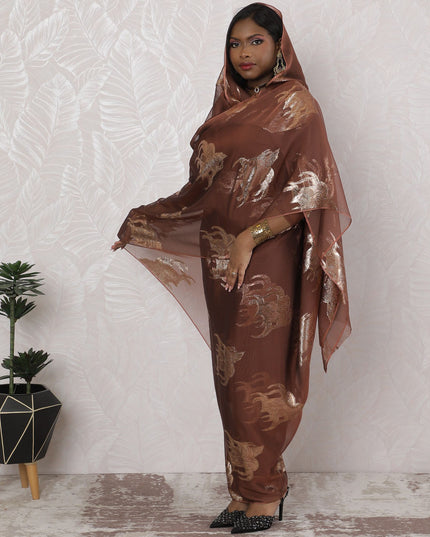 Cocoa Splendor Traditional Sudanese Thobe - Synthetic Chiffon with Metallic Lurex, 110cm Width, 4.5 Mtrs Piece-D18453