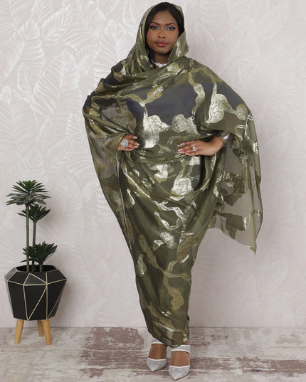 Emerald Twilight Traditional Sudanese Thobe - Synthetic Chiffon with Metallic Lurex, 110cm Width, 4.5 Mtrs Piece-D18455 Regal Fabrics